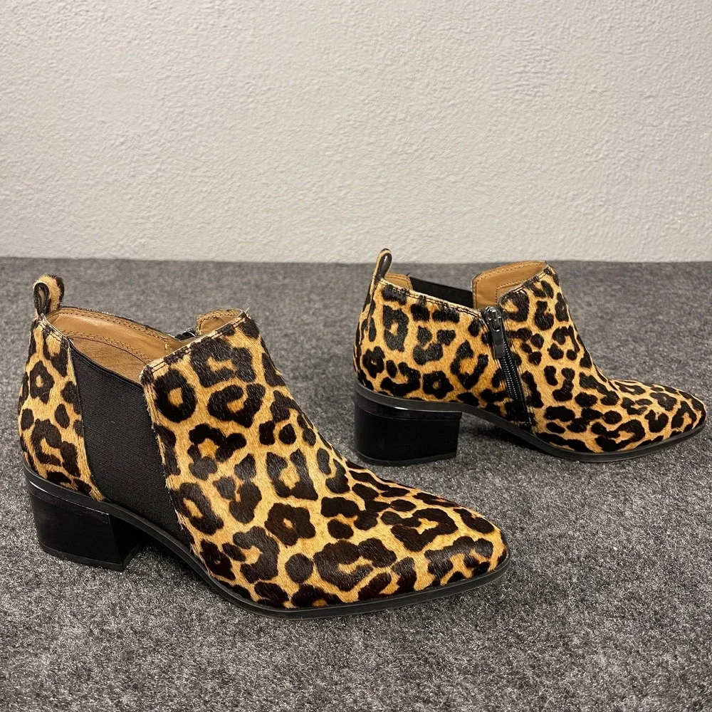 Franco Sarto Leopard Booties Womens Size 8 Calf Hair Ankle Zip Heel Pointed